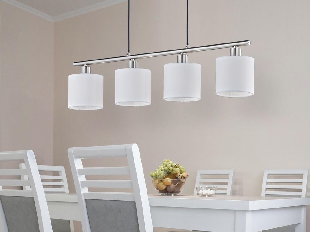 LED Pendelleuchte 4 flammig mit Stoff Lampenschirmen in Weiß für Esszimmertisch