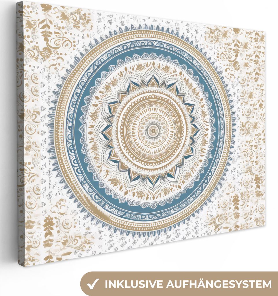 MuchoWow - Leinwandbilder - Mandala - Blau - Bohème - Weiß - Design, Wandbild, Wanddeko Bilder Wohnzimmer, 80x60 cm