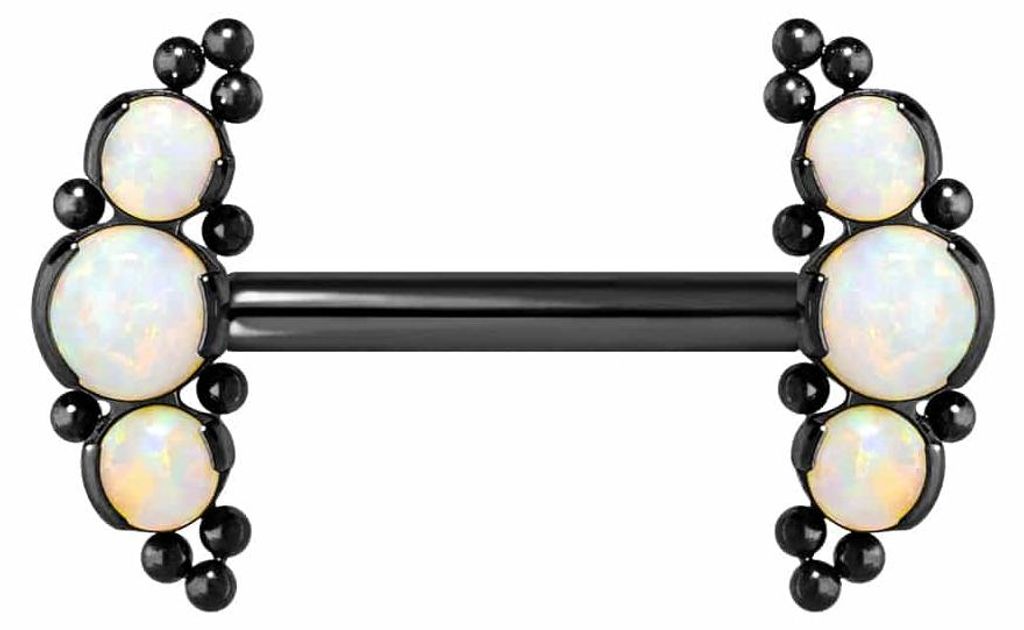 Zungenpiercing, Intim-Piercing Titan Barbell mit Push Fit 3 SYNTHETISCHE OPALE + KUGELN Schwarz Stablänge: 12mm
