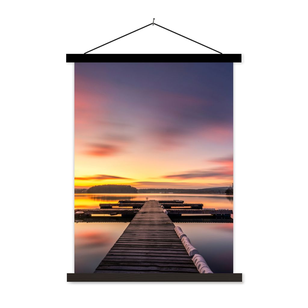 MuchoWow Textilposter Steg - Sonnenuntergang - Wasser - Meer - Spiegelung 90x120 cm mit schwarzem Rahmen - Dekoration