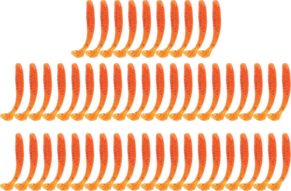 Angelköder 50 Stück, 5cm Soft Plastic Gummifische Orange, T-Tail Grub Würmer, Spinnköder Zubehör für Raubfisch Angeln