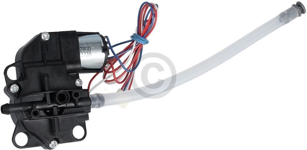 A close-up, isolated view of a small electric pump with a tube attached and wires connected to a motor.