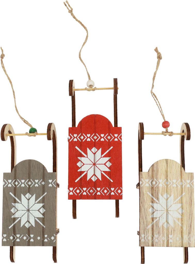 Weihnachtsschlitten Holz Deko 16x6x5cm 3er Set Rot Grau Natur, 3 Stück