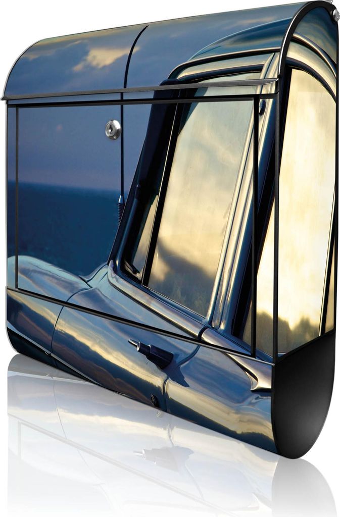 banjado Design Briefkasten Stahl schwarz mit Zeitungsfach pulverbeschichtet "Auto am Strand" 38x46x12,5cm & 2 Schlüssel - Postkasten A4 Einwurf in...