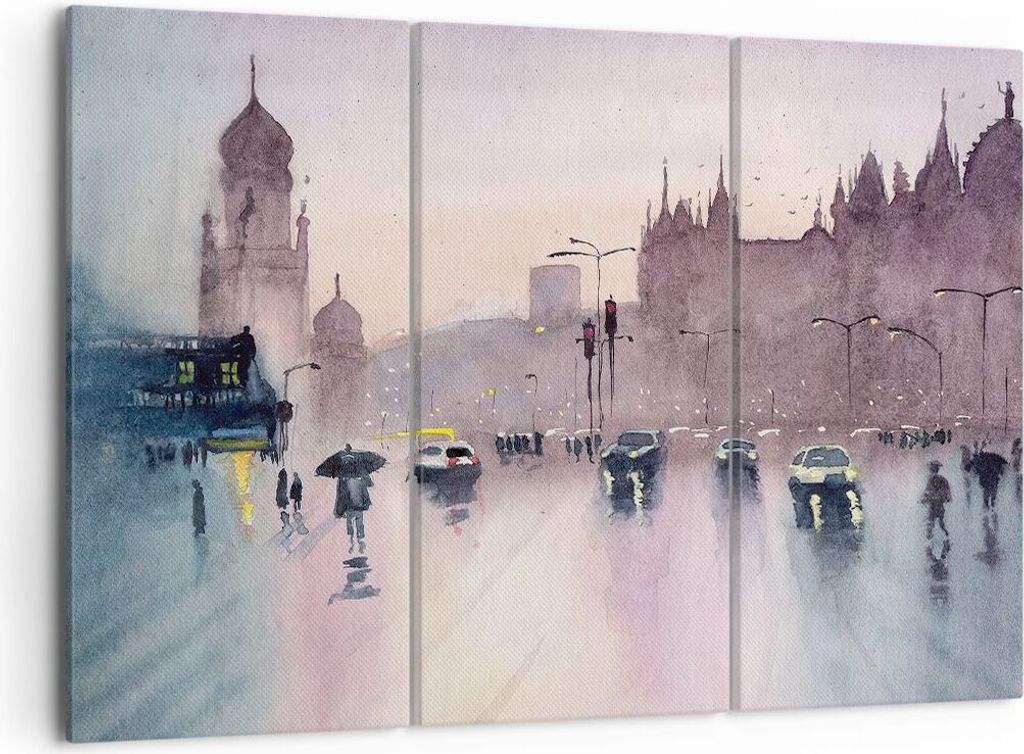 Bild auf Leinwand - Leinwandbild - 3 Teile - Aquarell Stadt historische Denkmäler - 105x70cm Wand Bild Wanddeko Wandbilder Leinwanddruck Bilder Wa...