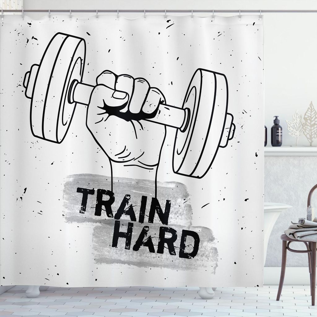 ABAKUHAUS Fitness Duschvorhang, Die Hand, die eine Dummkopf-Schmutz-Skizze hält, erhalten starke Zug-harte Illustration, 175 x 180 cm, Schwarz Wei...