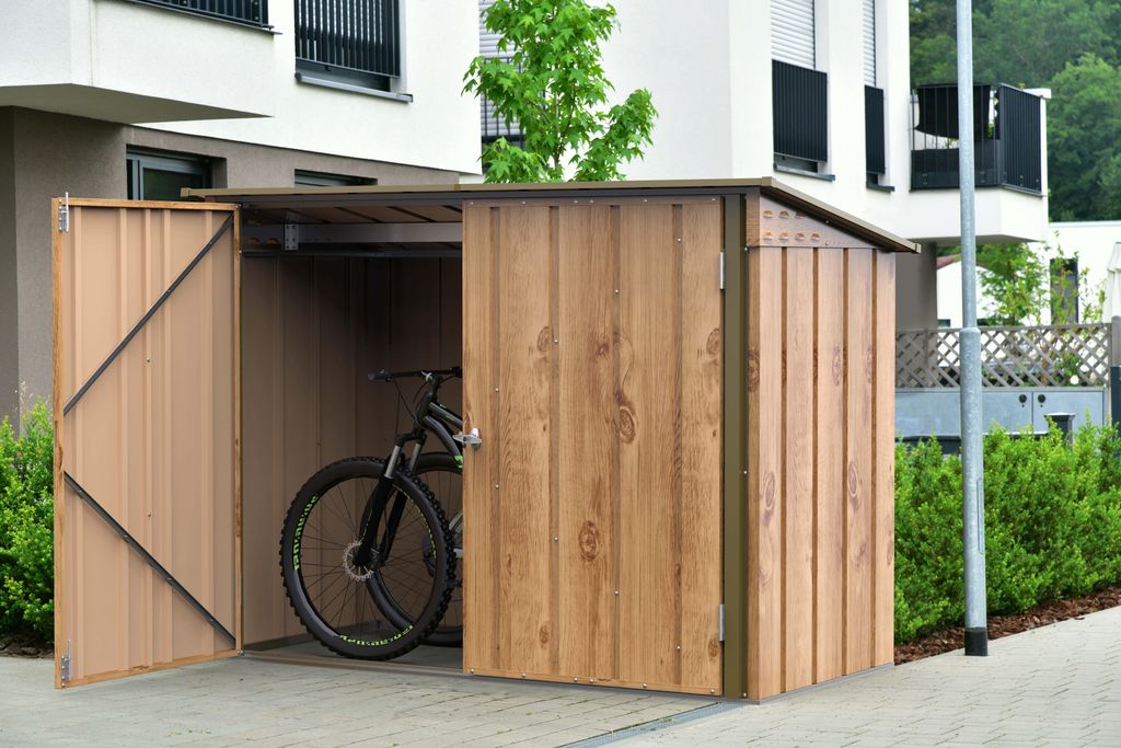 DURAMAX Fahrradgarage 2x1m Holzoptik aus Metall in Grau Produktbild 