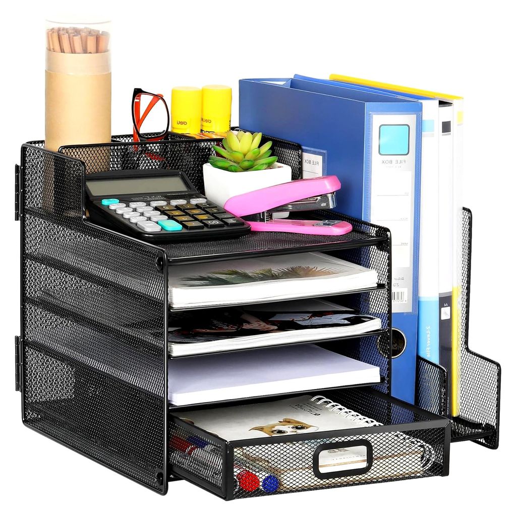 Briefablage mit 5 Fächern aus Metall, Stehsammler für Dokumente mit Schublade, A4 Papierablage, vertikale Ablage, Zeitschriftensammler, Organizer...
