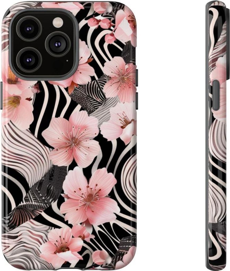 Zarte Kirschblüten auf schwarz-weißem Muster – Hülle Kompatibel mit iPhone 14 Pro Max