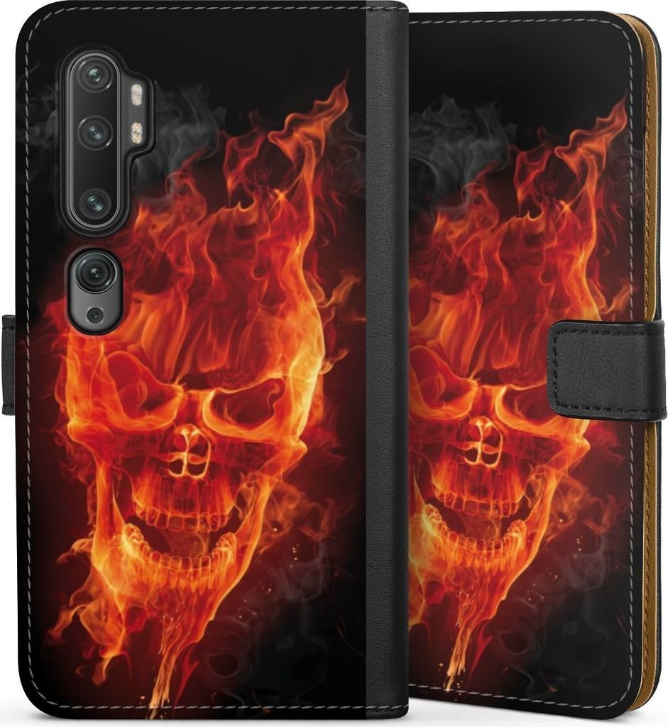 DeinDesign Klapphülle für Xiaomi Mi Note 10 Pro Handytasche Lederhülle Tasche Feuer Schädel Totenkopf