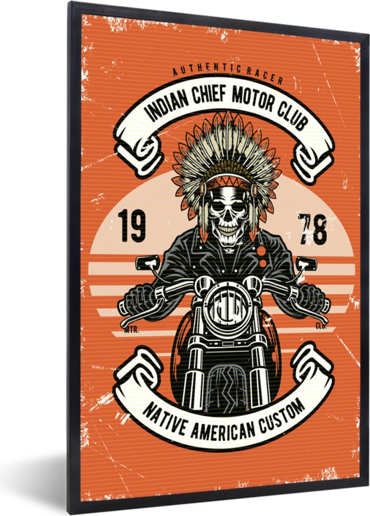MuchoWow MuchoWow Gerahmtes Poster Totenkopf - Indisch - Motor - Vintage 40x60 cm - Poster mit zchwarzem Bilderrahmen - Papierdruck - Wandbilder