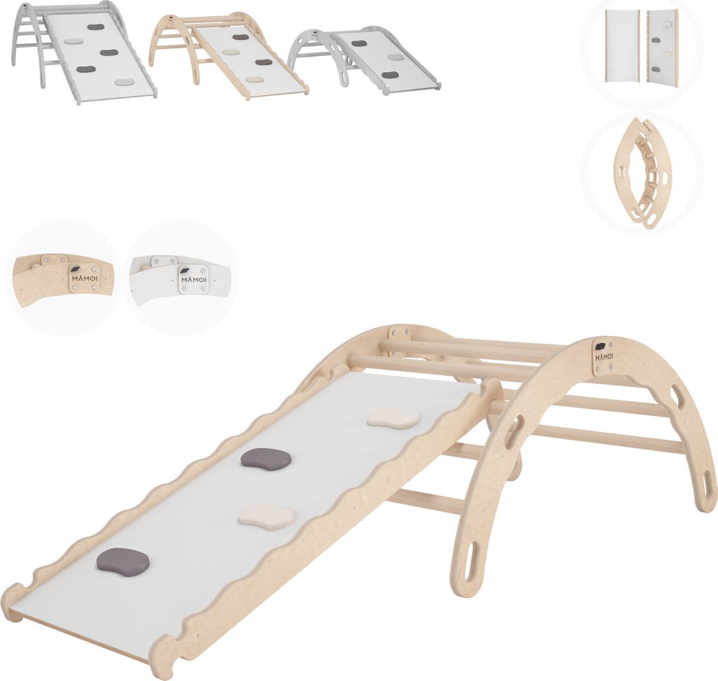 MAMOI Kletterbogen mit rutsche, Kletterdreieck, Baby klettern, Regenbogenwippe aus holz, Holzbogen für Kinder, Rutschbrett für spielplatz, Klet...