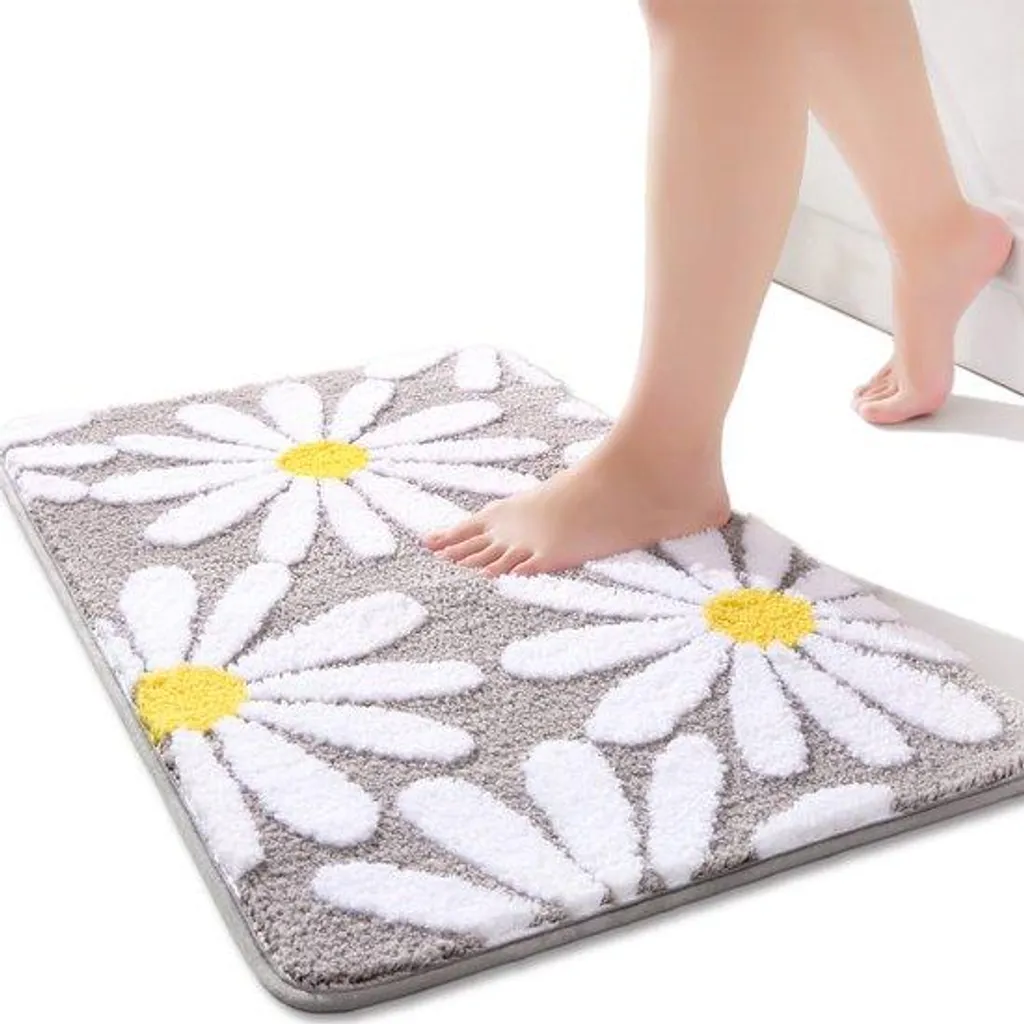 Tapis de bain gris 50x80 cm à motifs floraux blancs en microfibre douce