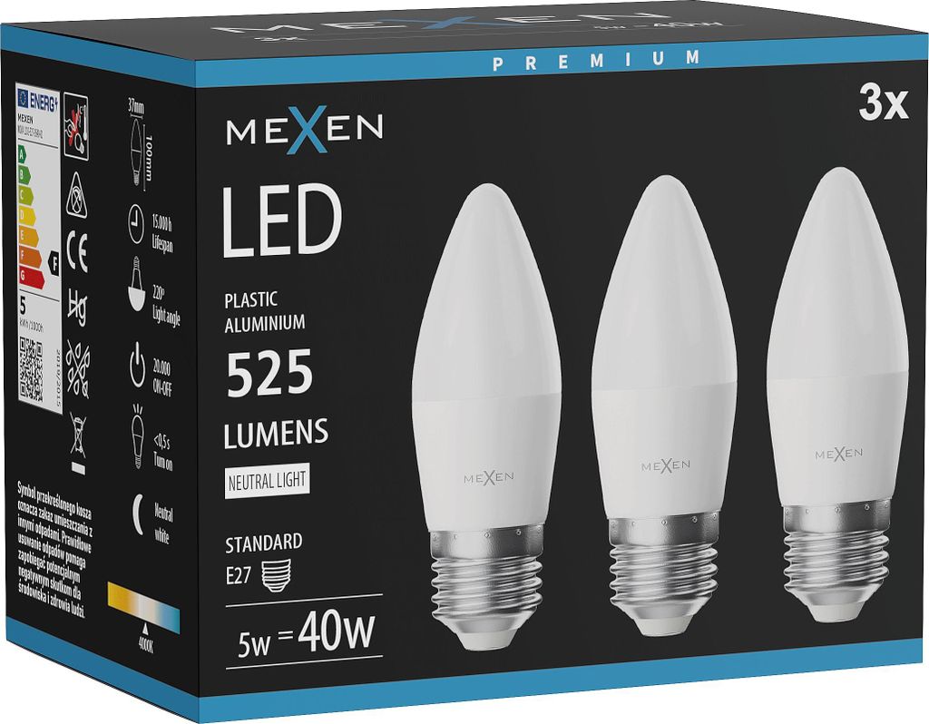 Mexen Nova 3x LED-Glühbirne E27, C37, 5W, Neutral - 4000K, Produktbild 