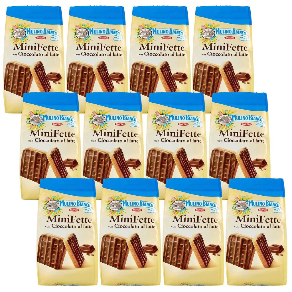 MULINO BIANCO Mini Fette - Italienische Mini-Kekse mit Überzug aus Milchschokolade 110g (x12)