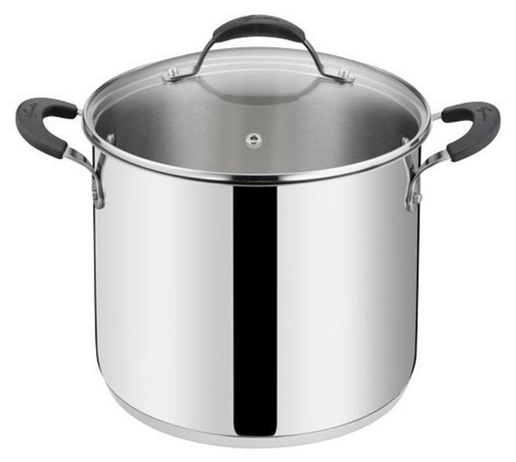 A stainless steel pot with a glass lid and black handles, shown from a slightly elevated front-diagonal angle.