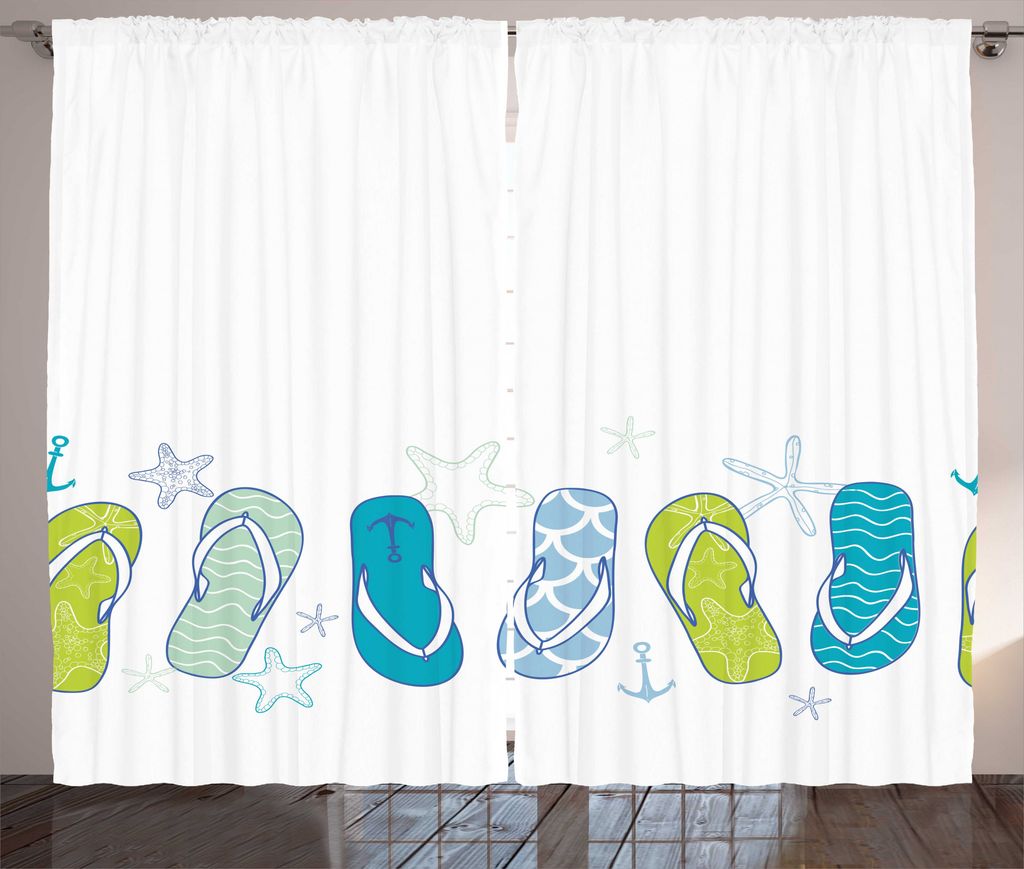 ABAKUHAUS Nautik-Party Rustikaler Gardine, Sommer-Flipflops, Schlafzimmer Kräuselband Vorhang mit Schlaufen und Haken, 280 x 225 cm, Weiß Seeblaue