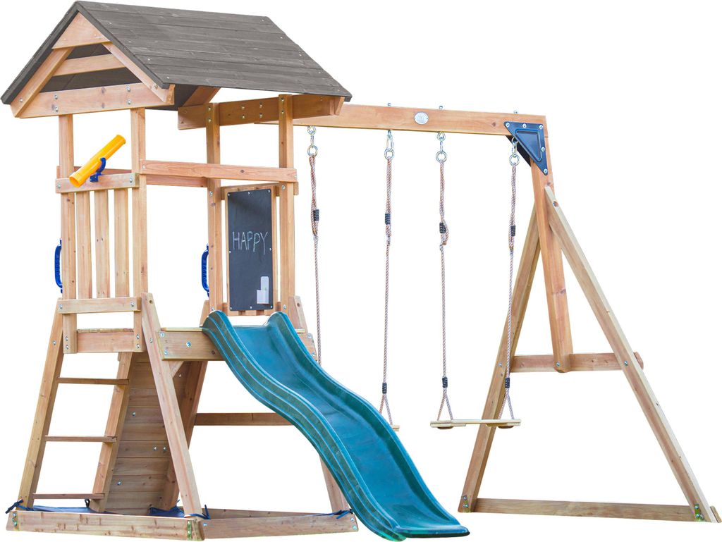 AXI Mia Spielturm aus Holz in Braun mit Doppelschaukel | Spielplatz für Kinder mit grüner Rutsche, Schaukel, Kletterwand & Sandkasten | Stelzenha...