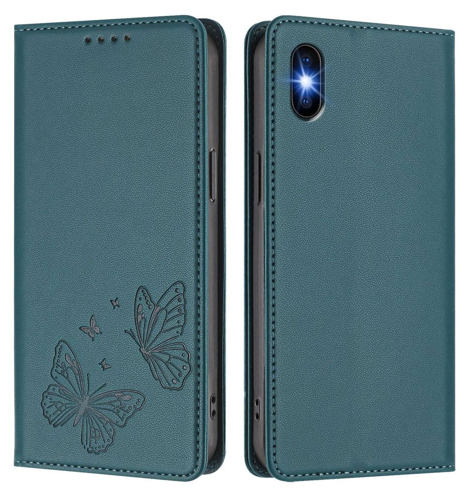 Lederhülle für iPhone X/iPhone XS, Schmetterling Prägung Leder Brieftasche Schutzhülle mit Ständer Grün