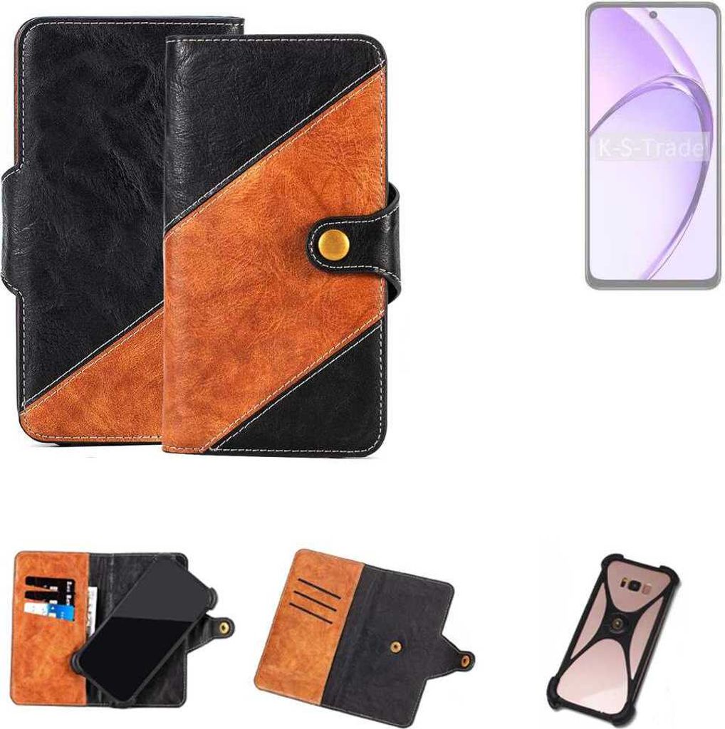 K-S-Trade Handyhülle Schutzhülle Bookstyle Case Wallet-Case kompatibel mit Oppo A40 Handy Cover Bumper Klapphülle schwarz hellbraun 1x