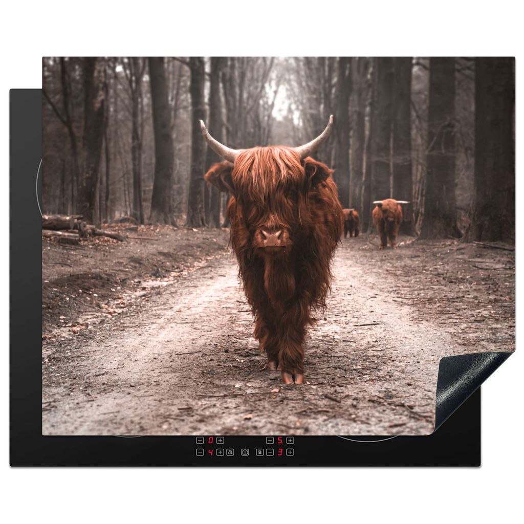KitchenYeah Herdabdeckplatte Schottische Highlander - Tiere - Bäume , 65x52cm, Küche Deko, Glaskeramikkochfeld Herdabdeckung, Abdeckplatte fùr...