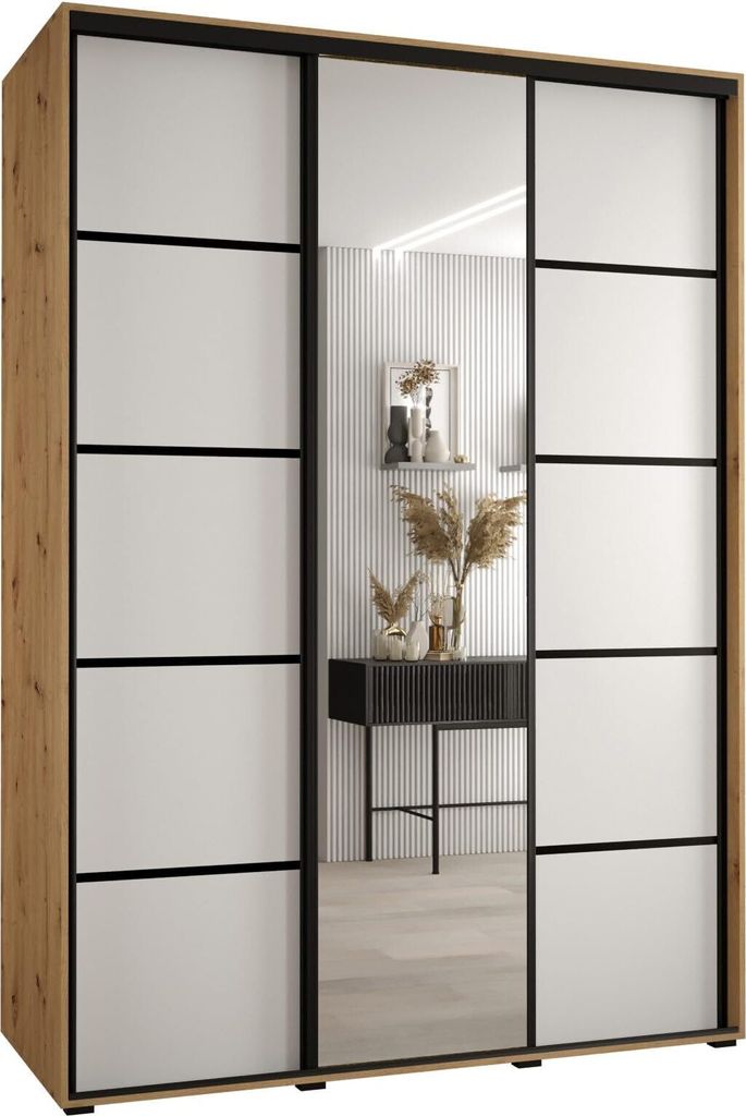 MEBLE KRYSPOL Cannes 5 Schrank mit 3 Schiebetüren - 205,2x170x60 cm - Artisan Weiß Schwarz