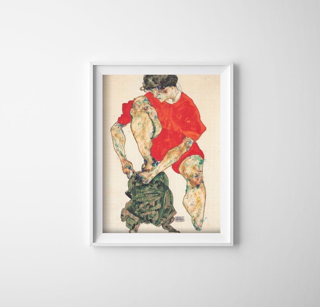 Poster - Canvas - Leinwand - 29,7 cm x 42 cm - Mode-Modell in einem roten Kleid Egon Schiele