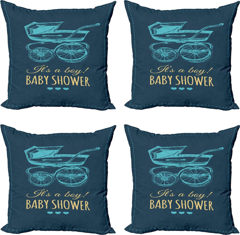 ABAKUHAUS Babydusche Kissenbezug Set (4 Stück), Vintage Boy Stroller, Moderner Doppelseitiger Digitaldruck, 50 cm x 50 cm, Petrol Blau Senf