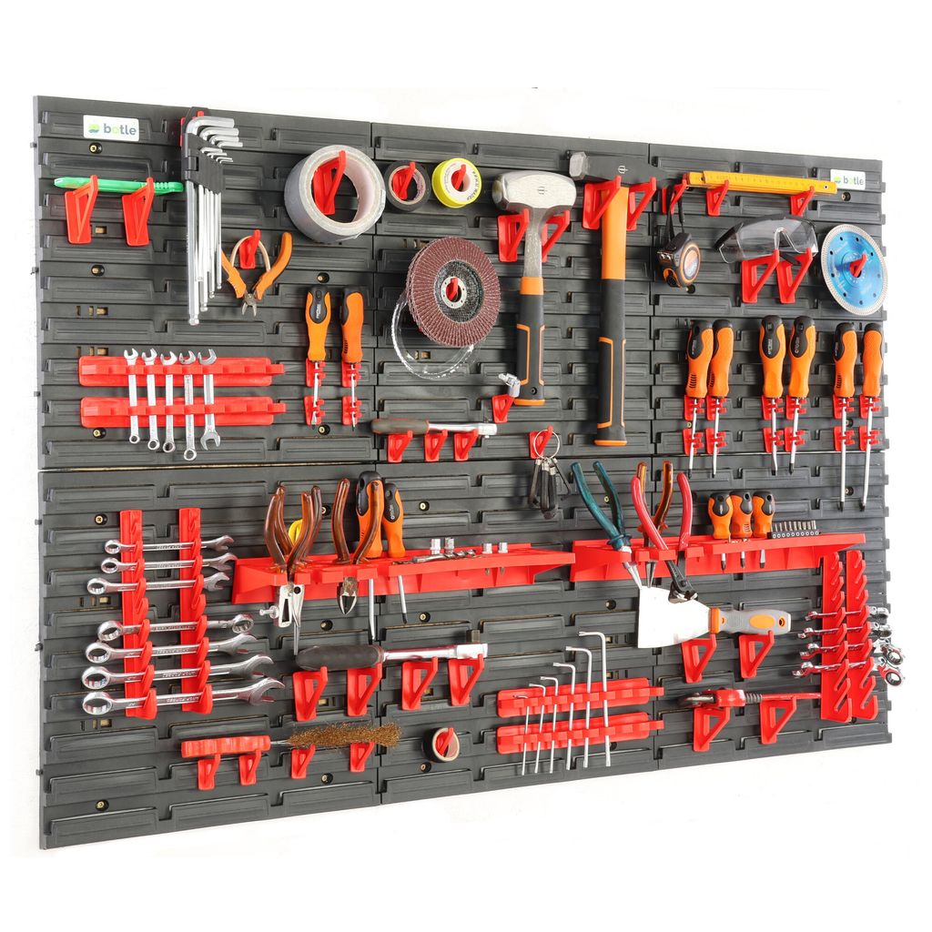 Werkzeugwand Wandregal mit 116x78cm Abmessungen 68 tlg. Set im Schwarz/Rot Werkzeughalter Werkstattregal aus Kunststoff Lagersystem Schüttenregal
