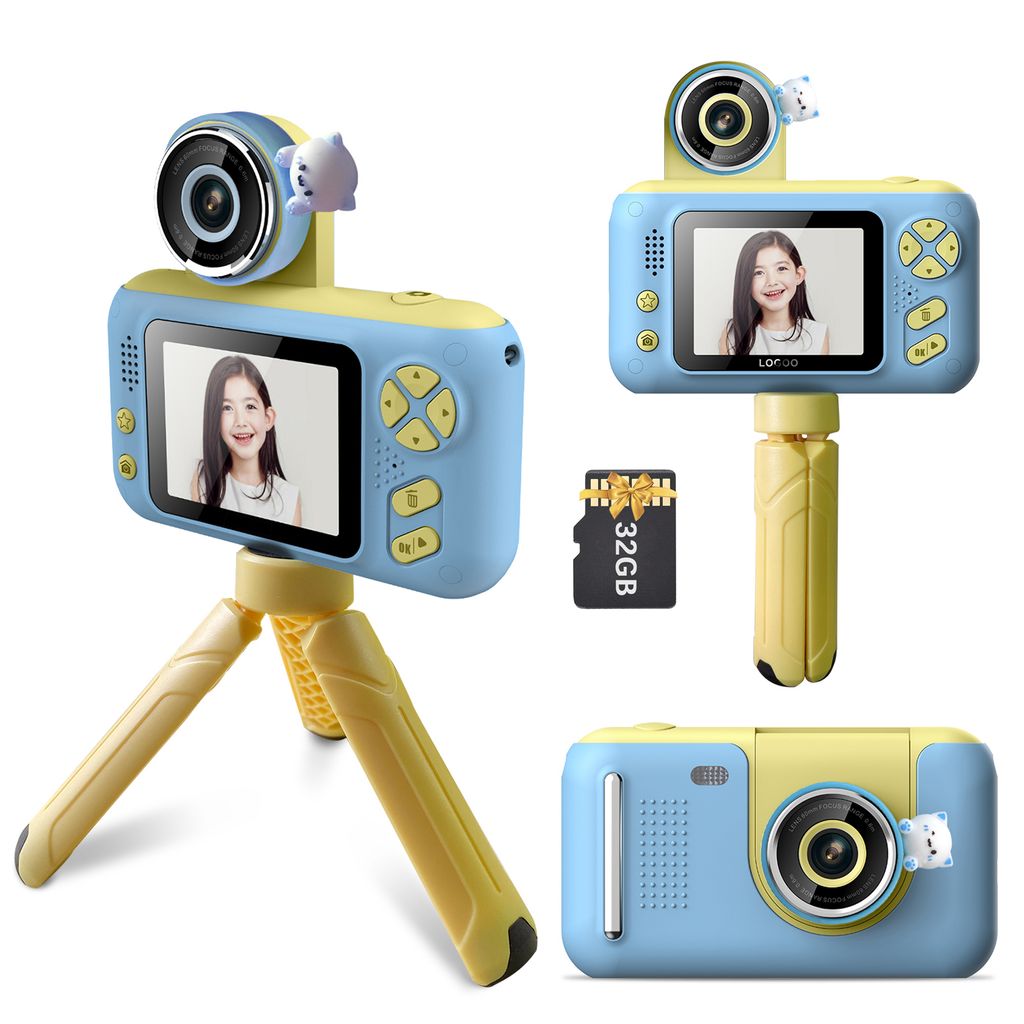 1080P Kinder-Digitalkamera Mini-Videokamera fuer Kinder mit Umhaengeband Mini-Desktop 32 GB Speicherkarte Stativ Geburtstag Weihnachtsgeschenk fuer...
