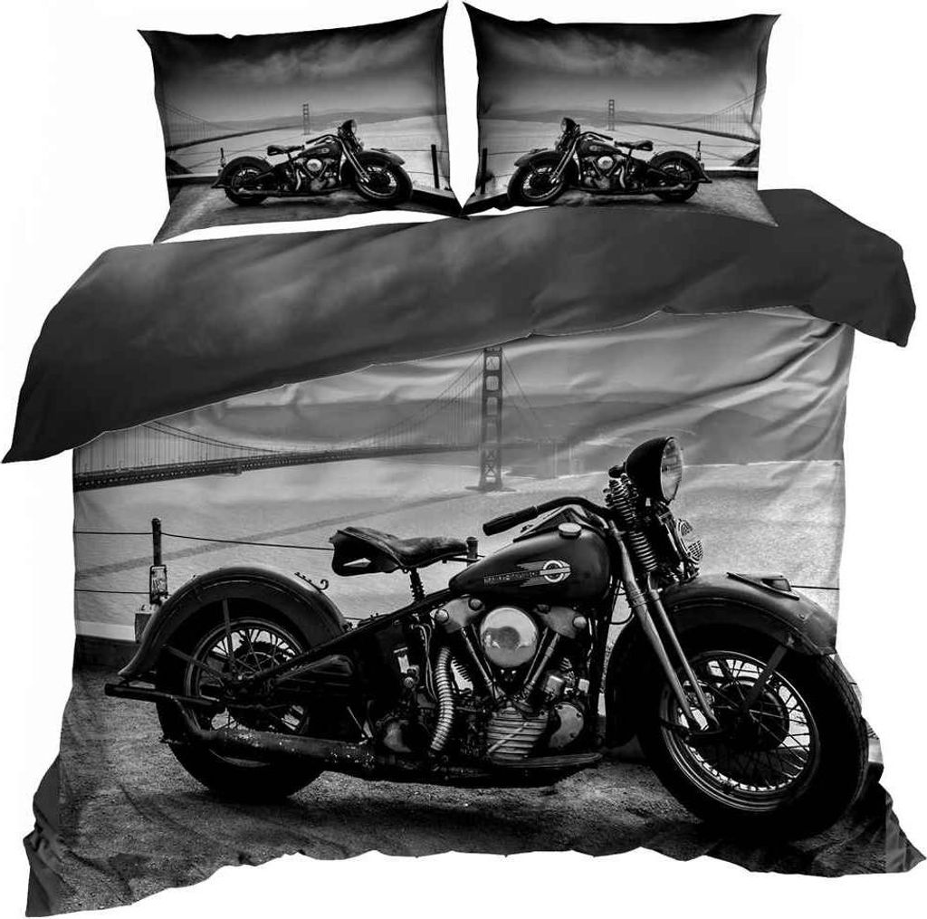 3D-Bettwäsche aus Baumwollsatin 160 x 200 cm MOTORRAD SCHWARZER CHOPPER