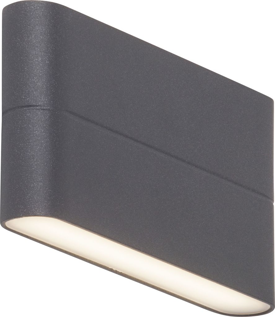 A close-up, angled view of a dark gray outdoor wall light with the LED light illuminated.