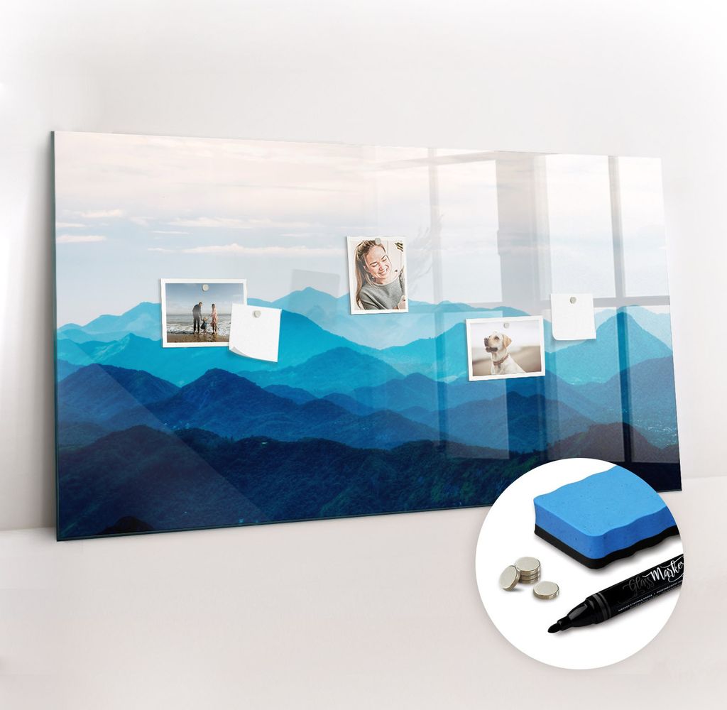 Magnetpinnwand Memoboard - Zubehörsatz - Schwarzer Marker + Schwamm + Magnete - 120 x 60 cm - Aquarellberge