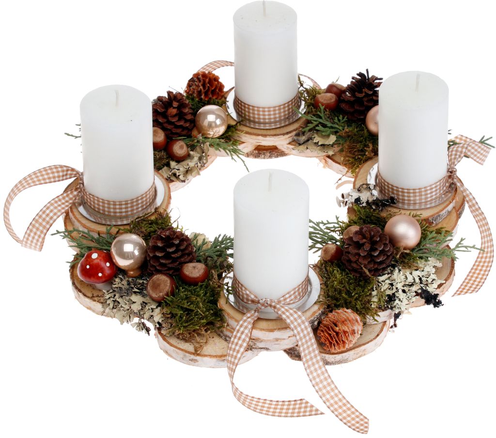 Adventskranz aus Birkenscheiben mit 4 Rustik-Kerzen weiß CreaFlor Home