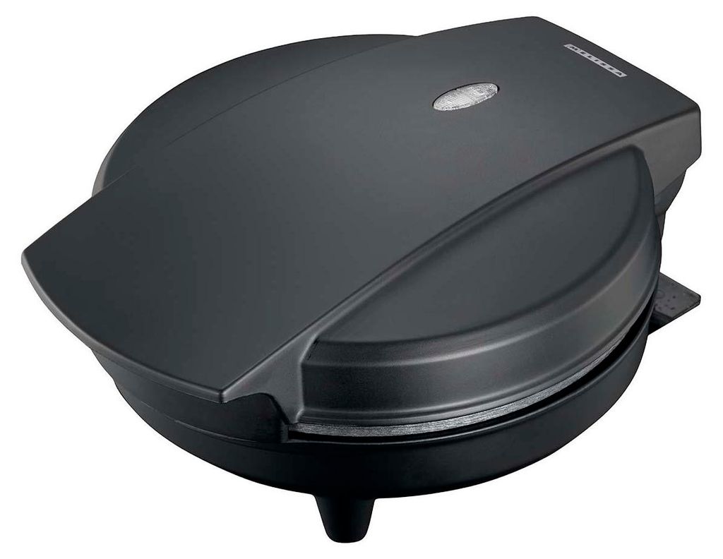 A black waffle maker is shown from a slightly elevated angle against a light gray background.