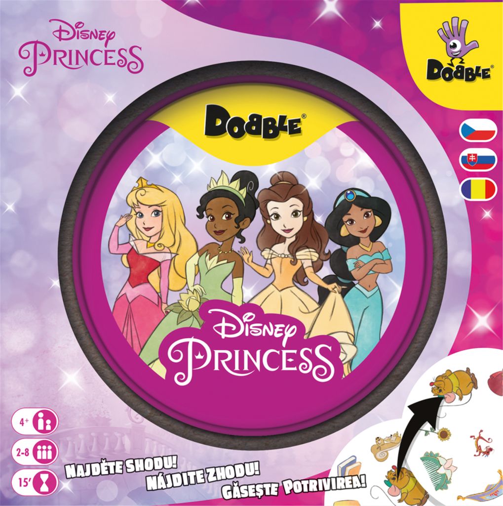 The image shows the front of a Disney Princess Dobble game box, featuring four princesses and game details.