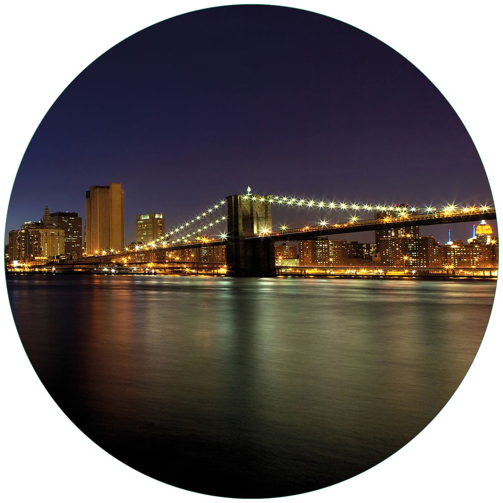 Wallario Premium Glasbild, freischwebende Optik, kräftige Farben, rund 50cm Durchmesser, Motiv New York Skyline - Brooklyn Bridge und Manhattan am...