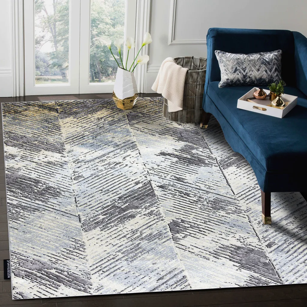 Tapis Déco Herringbone pour Salon Moderne Gris et Or en 140x190 cm