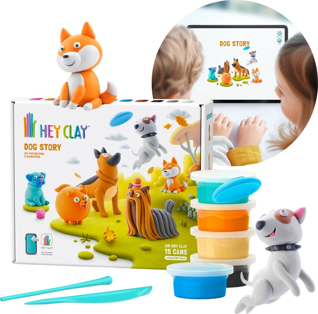 Hey Clay Hunde Plastikmasse + Zubehör, kreativer Spaß, 15 Farben
