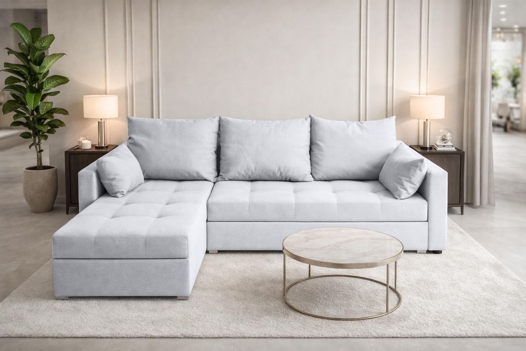 AX LIVING Ecksofa Elif Hellgrau mit Schlaffunktion L-Form, Sofa mit Bettkasten - Moderne Ecksofa, Wohnzimmer Ecksofa - Eckcouch Hellgrau - Links