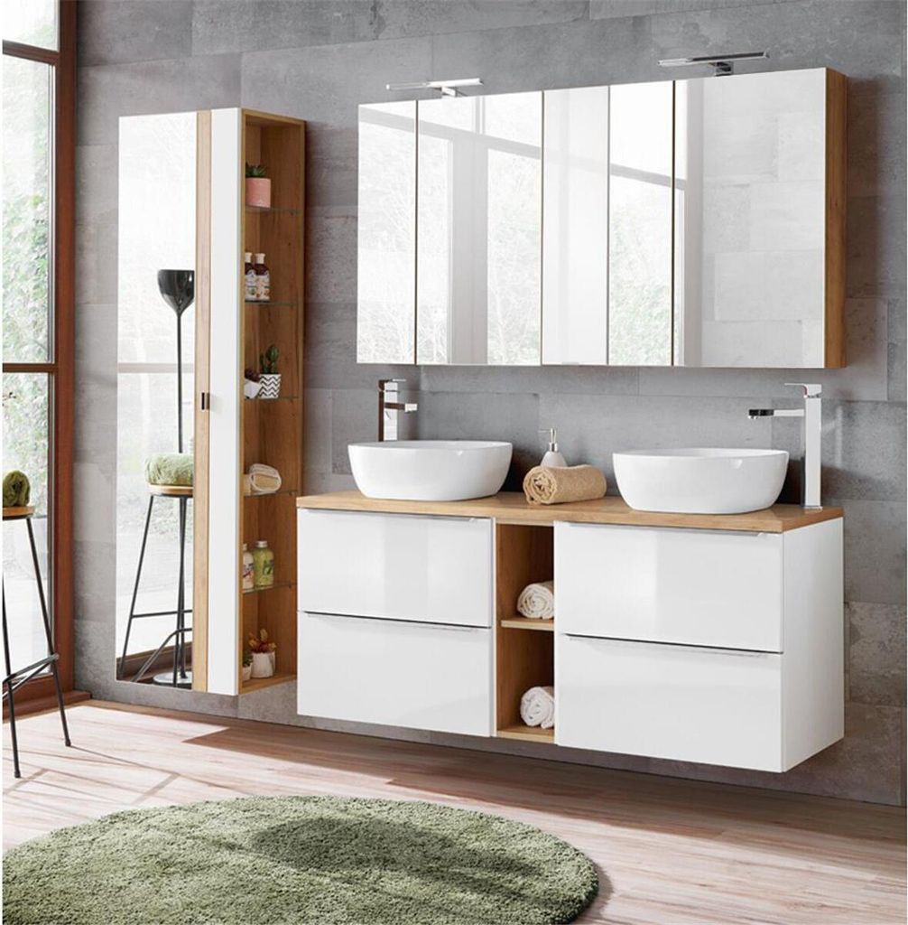 Badmöbelset mit 2 Keramik-Aufsatzwaschbecken und 2 Spiegelschränken TOSKANA-56 Hochglanz weiß & Wotaneich, BxHxT ca. 205/190/46cm
