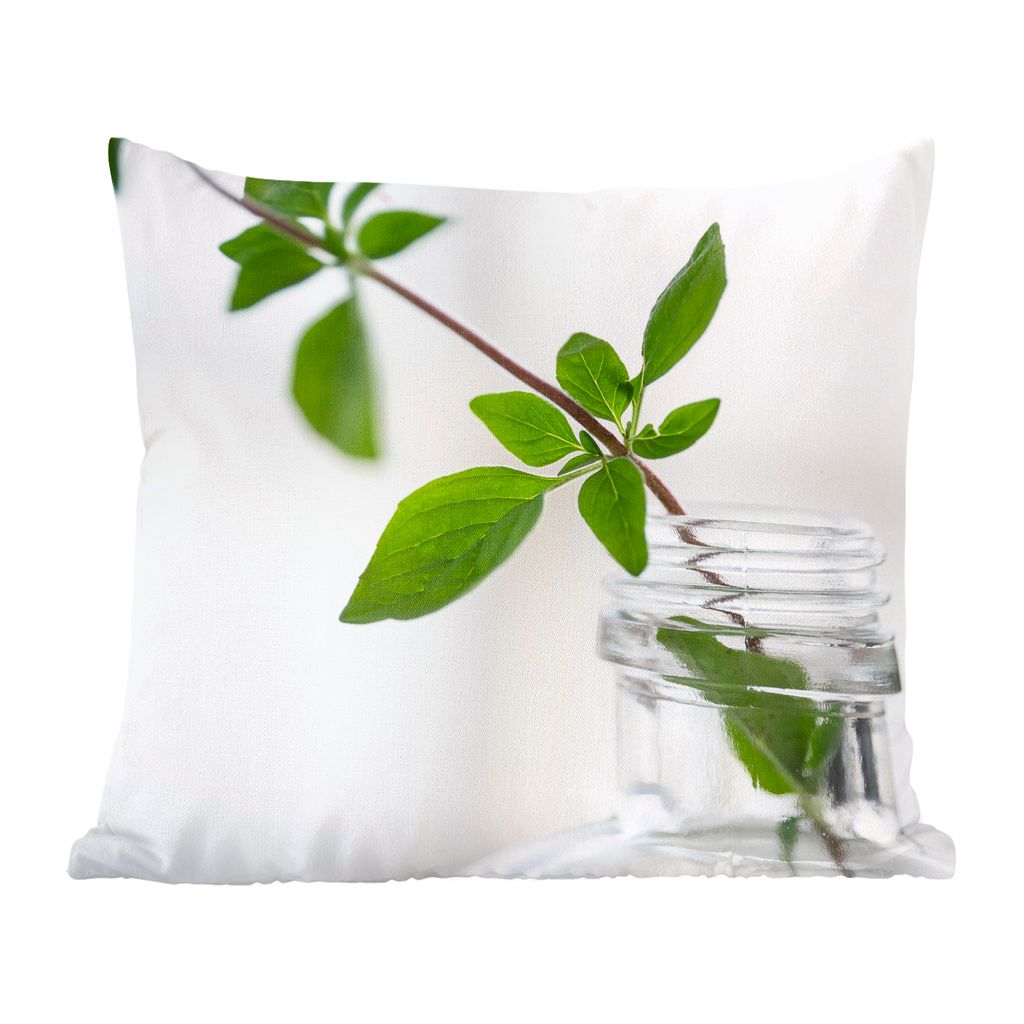 MuchoWow Zierkissen Sofakissen Wohnzimmer Dekokissen 40x40 cm Ein einzelner Oregano-Zweig in einem Glasgefäß in einer hellen Umgebung - Foto Ki...