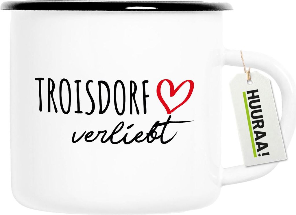 Huuraa Emaille Tasse Troisdorf verliebt 300ml Vintage Campingbecher Geschenkidee
