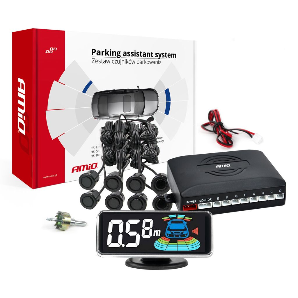 AMiO 03192 LED-GRAF 3D Vorne und Hinten Einparkhilfe 8 Sensoren 40KHz 2.5m Reichweite