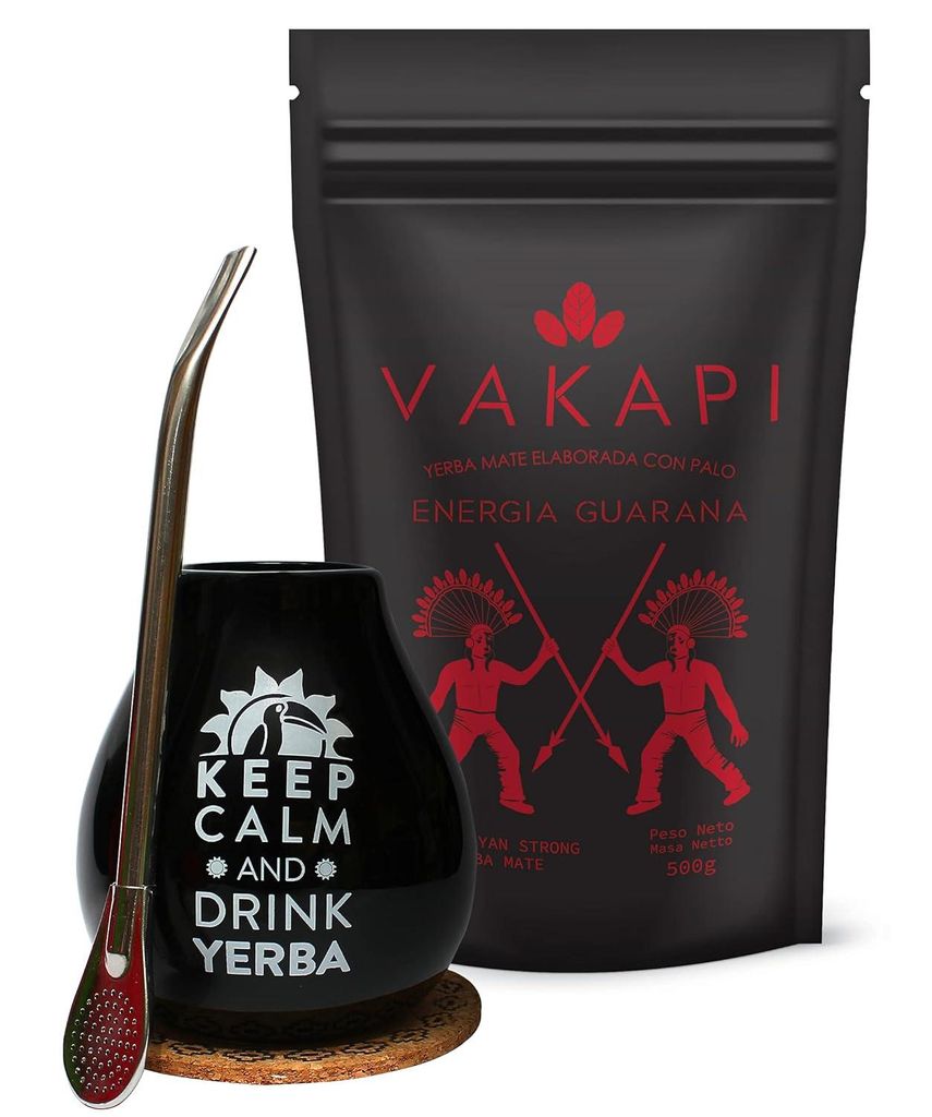 Yerba Mate Set Vakapi ENERGIA GUARANA 500g mit Guarana - Keramik Mate Becher Schwarz 350ml, Bombilla - starke paraguayische Yerba Mate, geräuchert