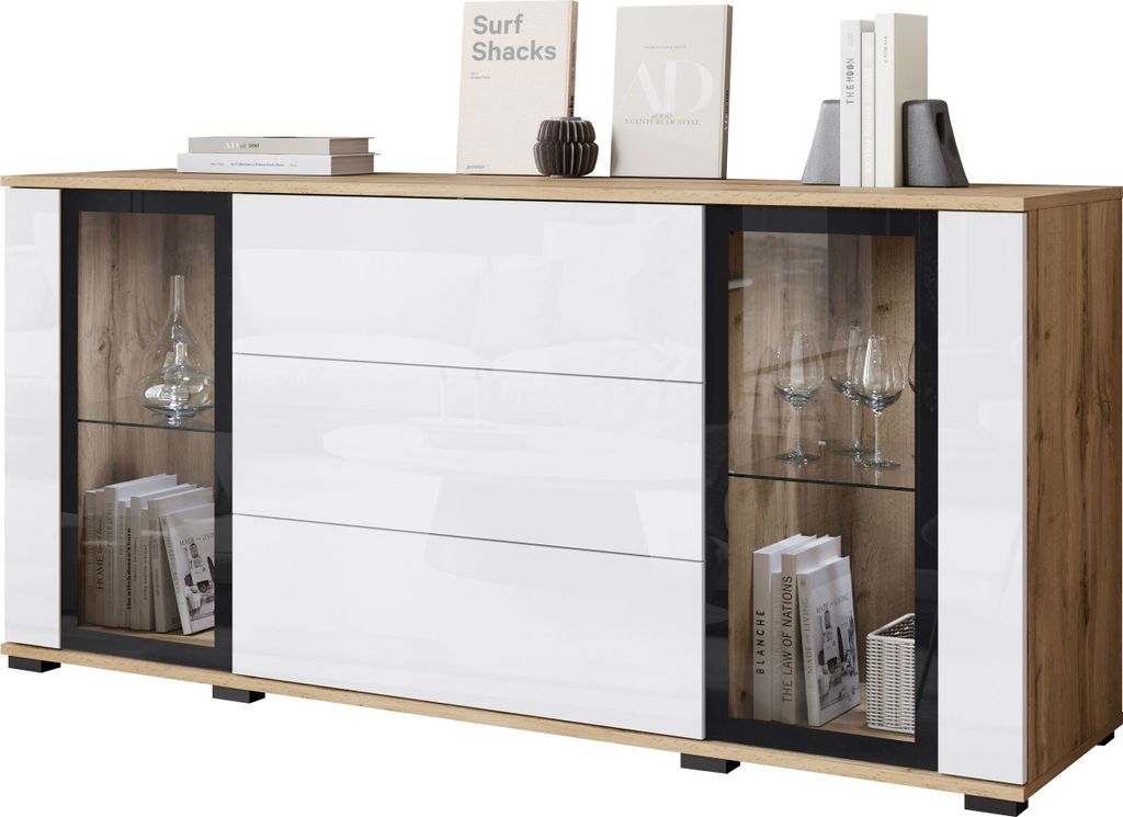 MIRJAN24 Türkommode CARO SB 150 2D+3S, Stilvoll Wohnzimmer, Kommode mit zwei Drehtüren (Farbe: Wotan / Weiß Hochglanz, mit weißer LED Beleuchtung)