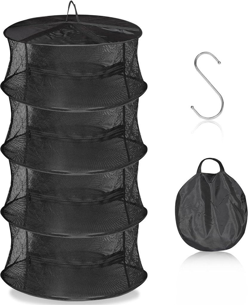 A black, multi-tiered drying rack for herbs, along with an S-hook and a folded carrying bag, displayed against a white background.