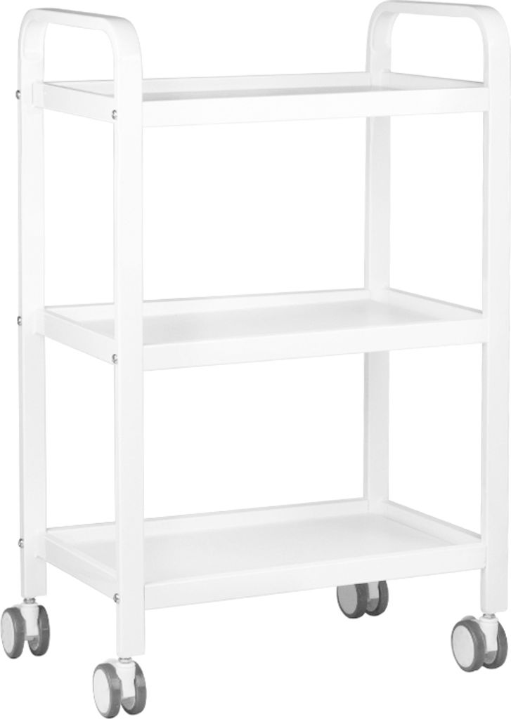 A white three-tiered rolling cart with wheels, shown against a white background.