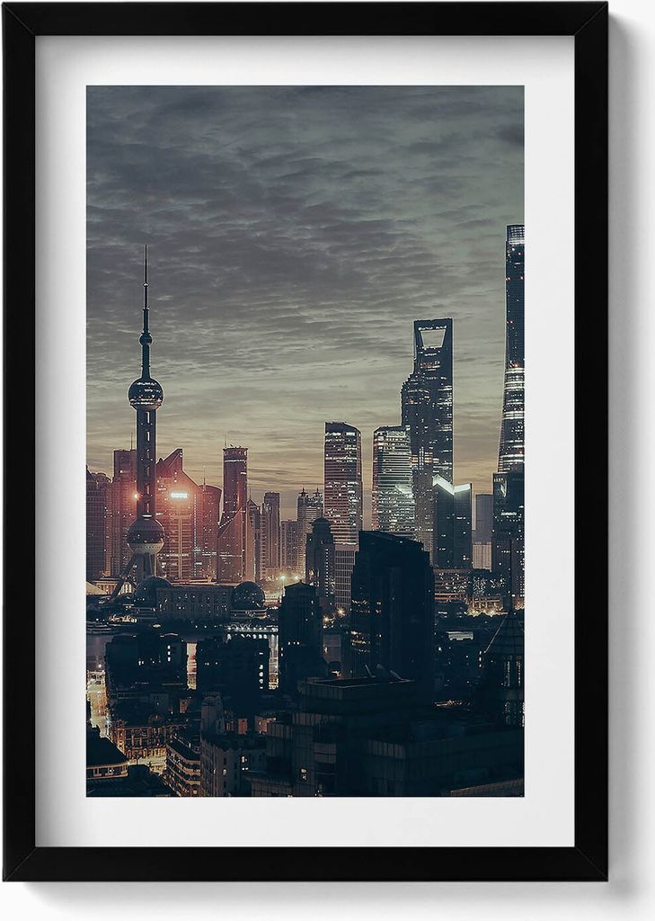 Panorama von Shanghai bei Nacht– Wandbild mit Rahmen – Gerahmtes Bild – Wanddekoration – 40x60 cm – Schwarz