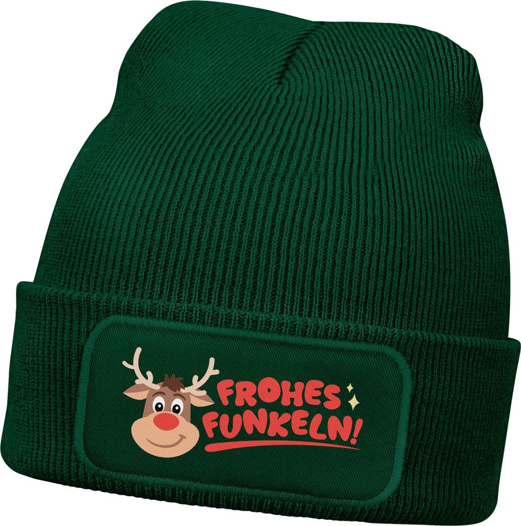 Wintermütze Kinder Mädchen Patch Rentier Rudolf Comicfigur Aufdruck Weihnachten Print Strickmütze MoonWorks
